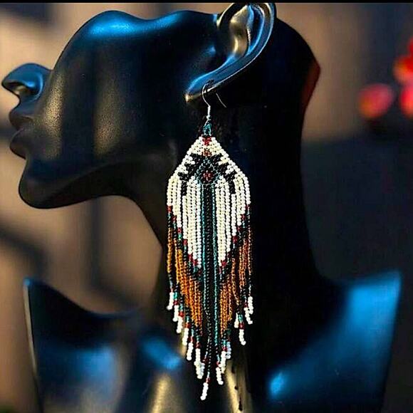 Handmade Beaded Boho Dangle Earrings Tribal Native - Picture 2 of 8